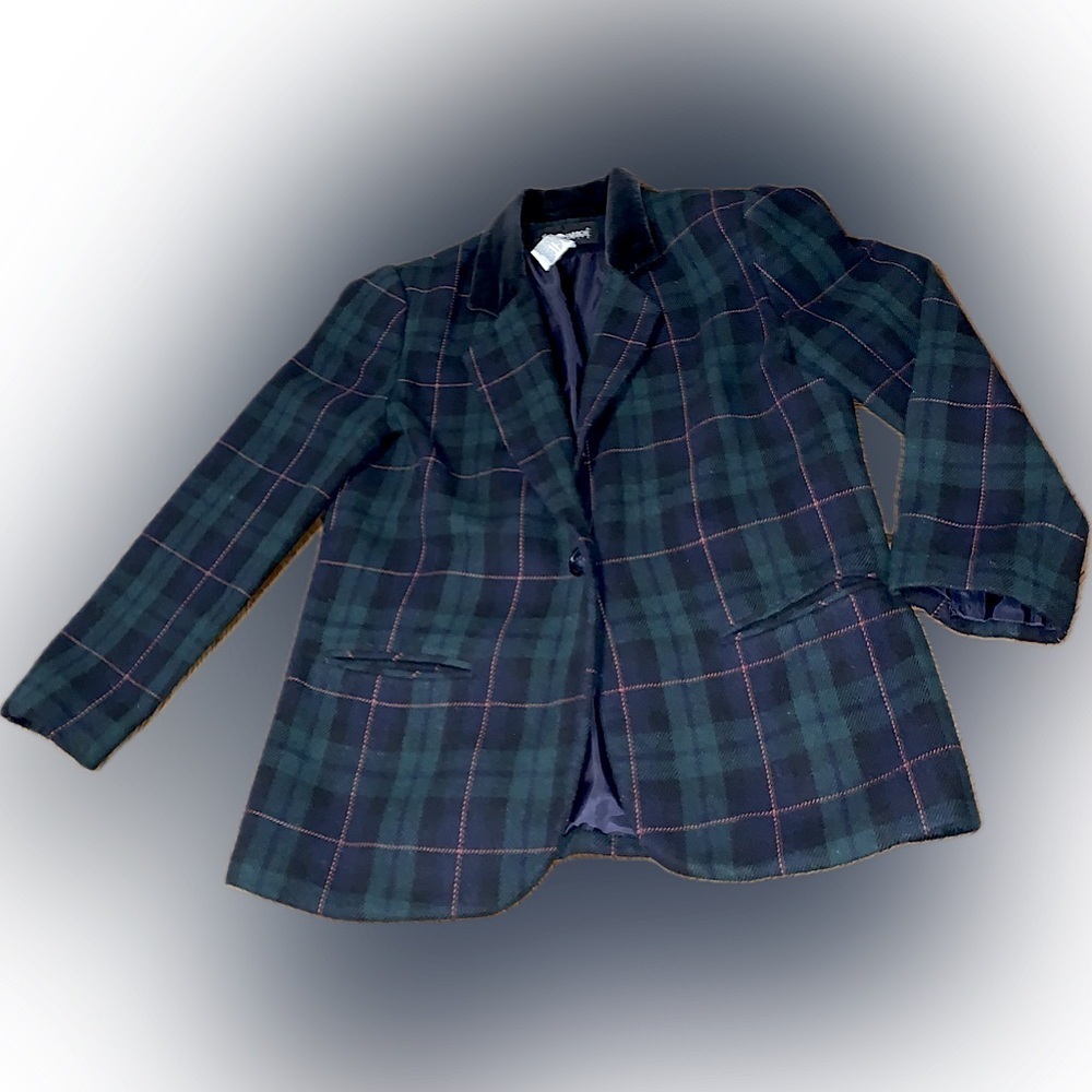 Vintage Wool Navy Green Structured Plaid Women’s Blazer Jacket Coat 8 Petite - Picture 2 of 10